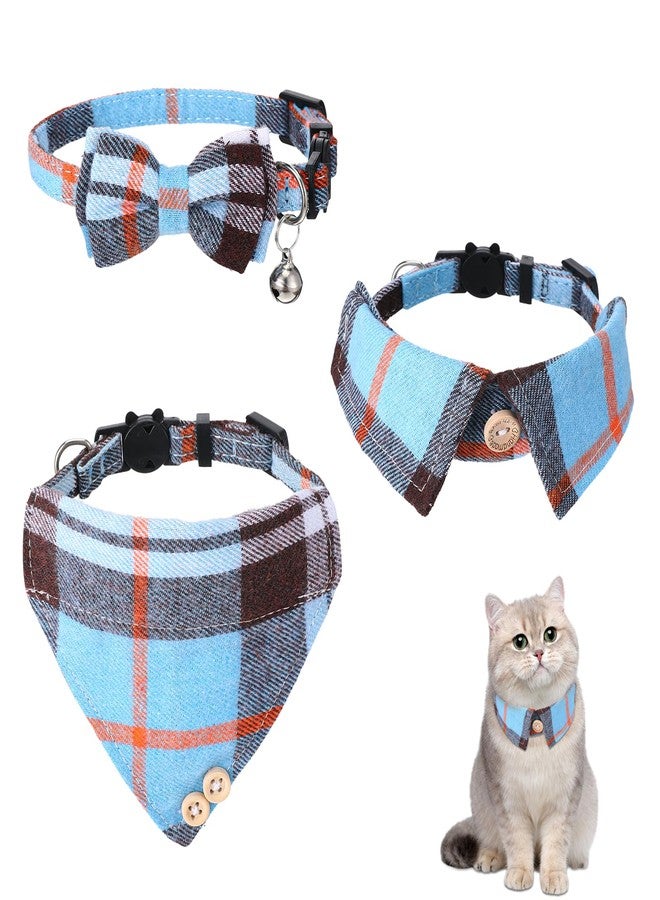 ElevateTech Cat Collars Breakaway with Bow Tie and Bandana, 3 Pcs Blue Plaid Kitten Collar with Bells Mini Cat Bandana Kitten Bow Tie Collar with Safety Buckle, Adjustable for Small Cats Pets - Image 1
